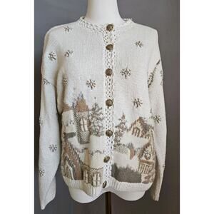 Vintage Marisa Christina Christmas Village Oversized Ugly Cardigan Sweater Sz M